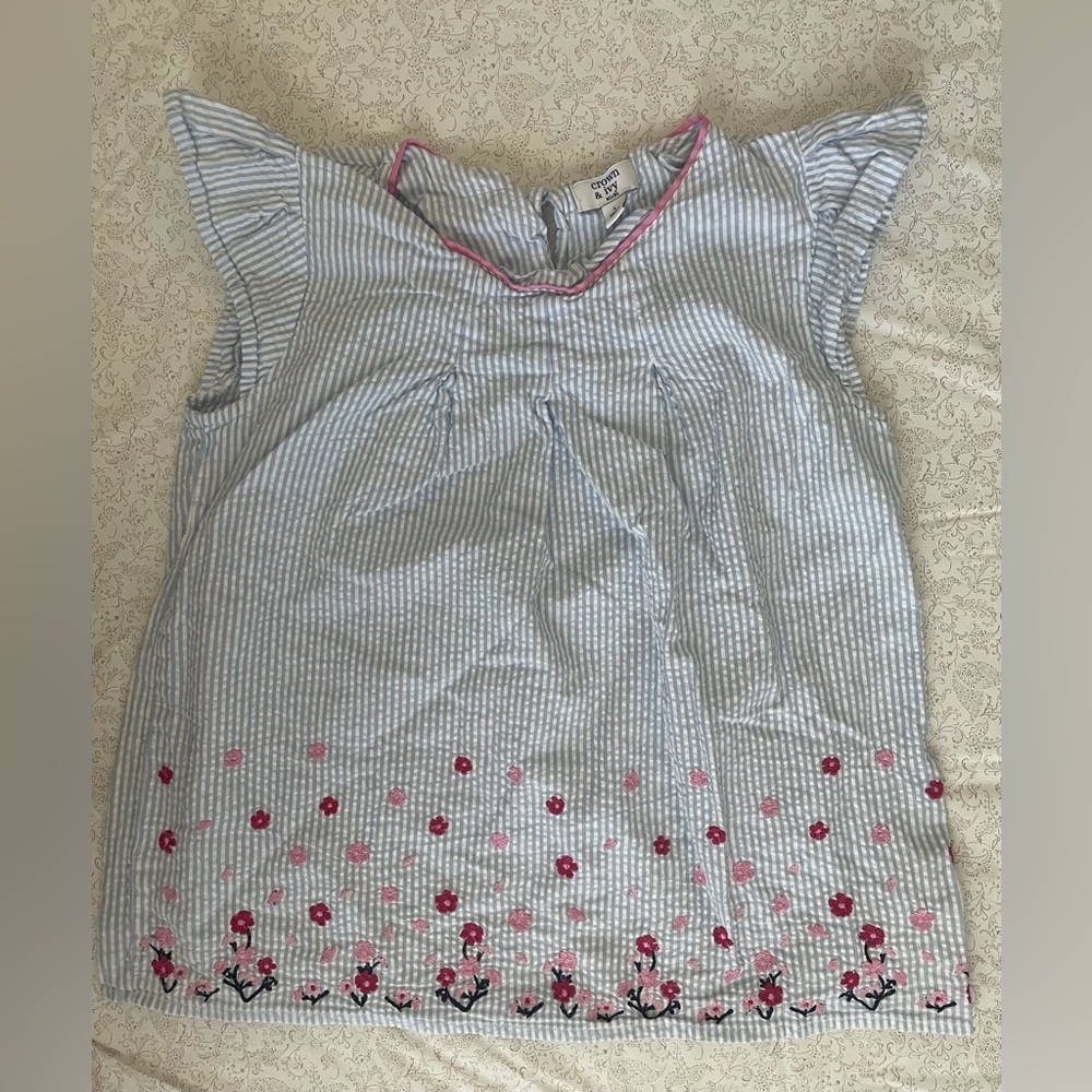 Crown Ivy Girls Striped Blue and Pink Embroidered Top Size L Floral Blue Summer